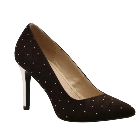 Adrienne Vittadini Naji Brown Studded Faux Suede Gold Heel Pumps Size 9M - Picture 1 of 12
